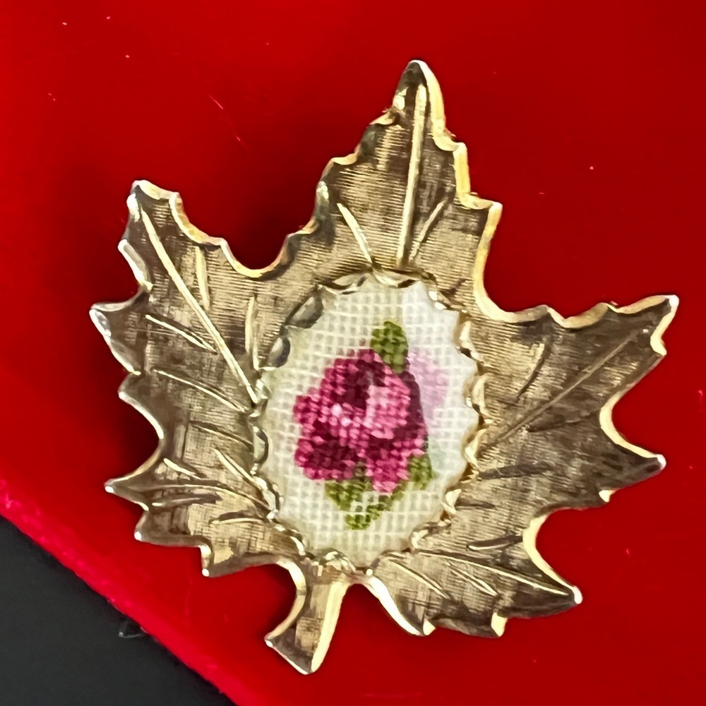 Gold Leaf Brooch with Pink Rose Embroidery Vintage 60
